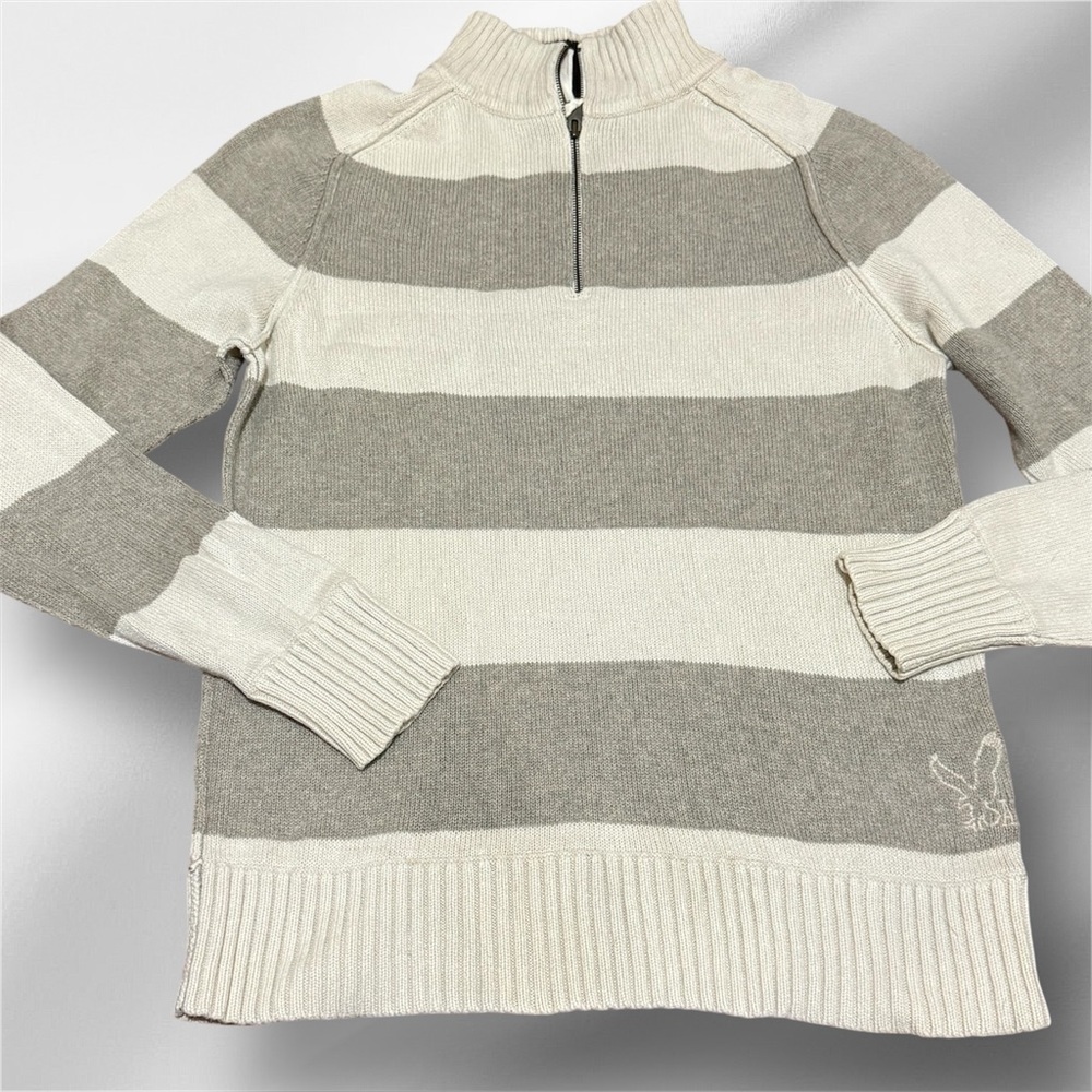 American Eagle Outfitters Men's L Striped 1/4 Zip Pullover Knit Beige Gray Logo